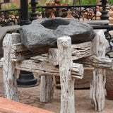 Ekaurr Bhoomi Sculpture pairing of hand-chiselled grey stone with whitewashed reclaimed wood pedestal, minimalist sacred altar piece for diya, idol or meditative display