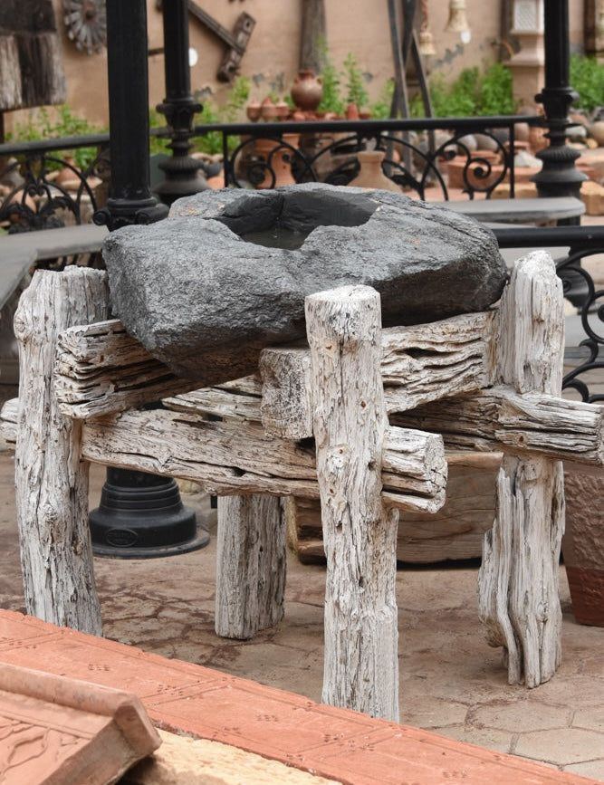 Ekaurr Bhoomi Sculpture pairing of hand-chiselled grey stone with whitewashed reclaimed wood pedestal, minimalist sacred altar piece for diya, idol or meditative display