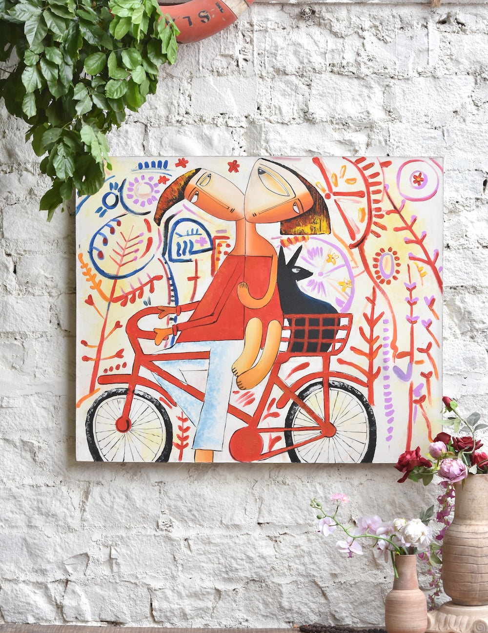 Ekaurr Bicycle Love original painting of a bicycle in a warm expressive style with earthy romantic tones, handcrafted artwork for walls of living rooms bedrooms and home offices