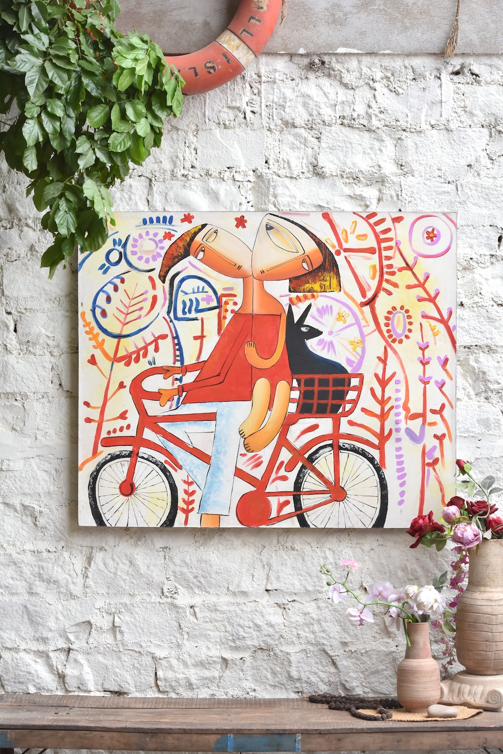 Ekaurr Bicycle Love original painting of a bicycle in a warm expressive style with earthy romantic tones, handcrafted artwork for walls of living rooms bedrooms and home offices