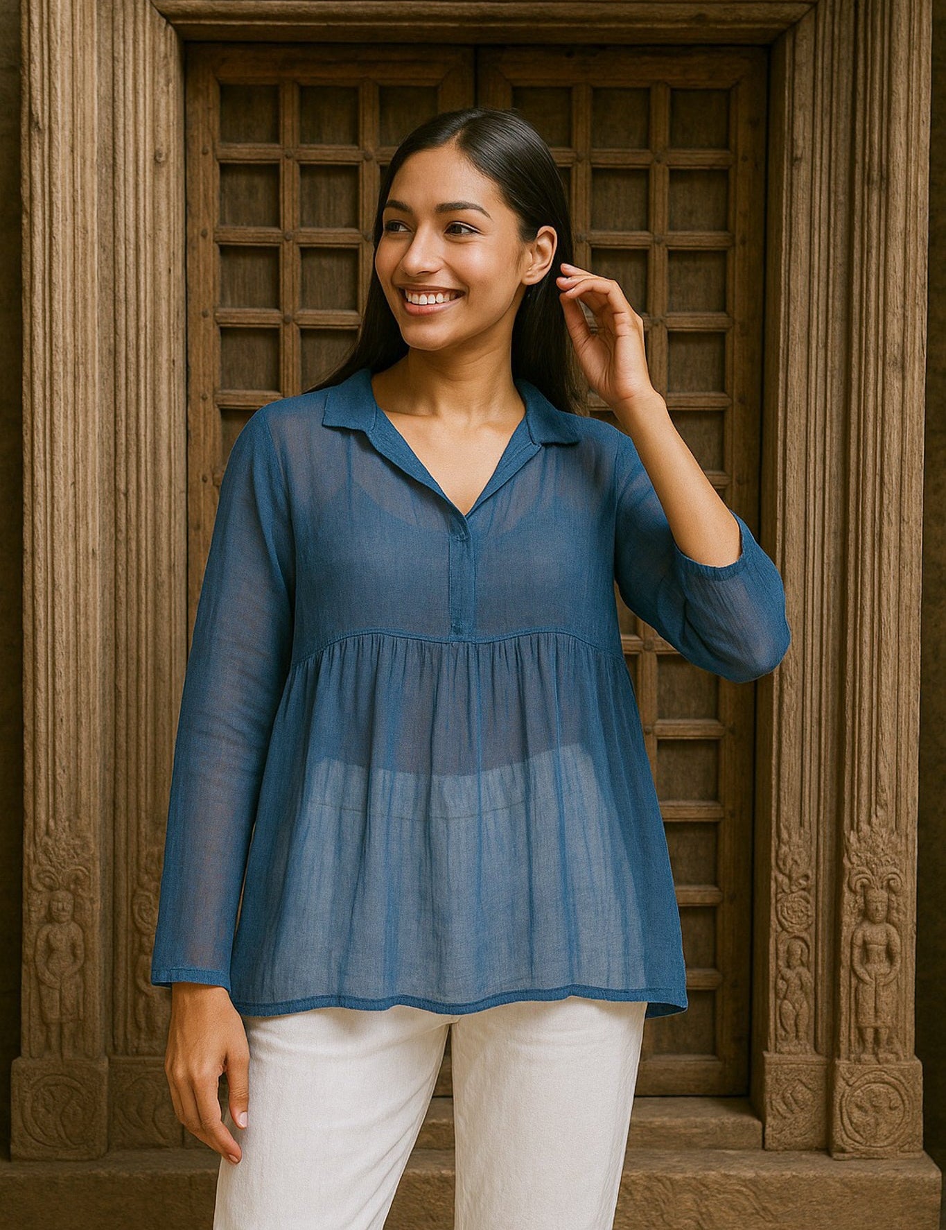 Ekaurr BIGDI Mistveil Top finest cotton summer top in a misty veiled soft-toned silhouette with an ethereal quality, artisan slow fashion top for women from the BIGDI summer pastel collection