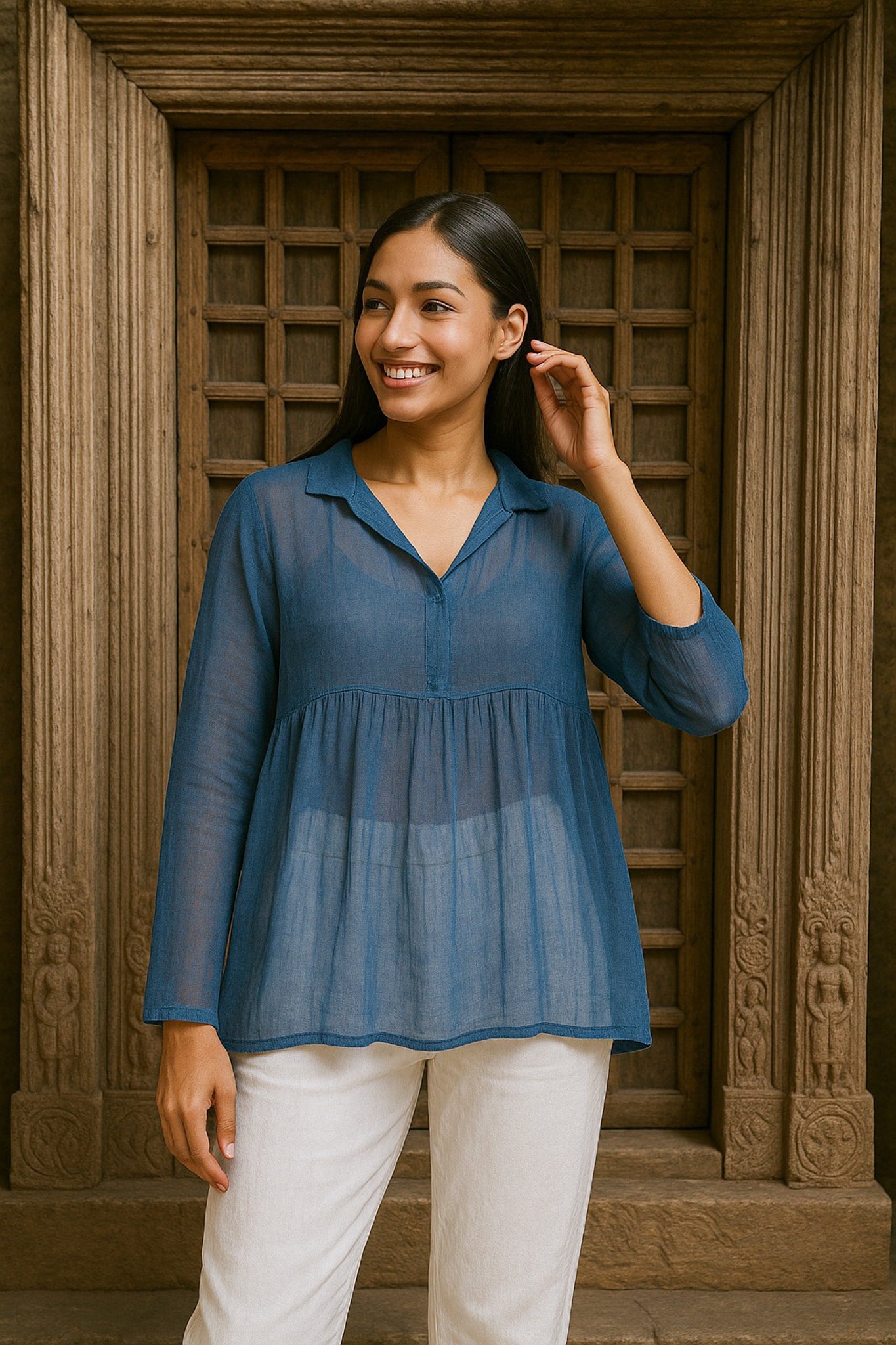 Ekaurr BIGDI Mistveil Top finest cotton summer top in a misty veiled soft-toned silhouette with an ethereal quality, artisan slow fashion top for women from the BIGDI summer pastel collection