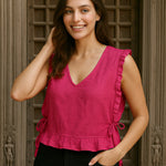 Ekaurr BIGDI Pink Whisk Top finest cotton summer top in fresh pink with a whisked airy silhouette and playful movement, artisan slow fashion top for women from the BIGDI summer pastel collection