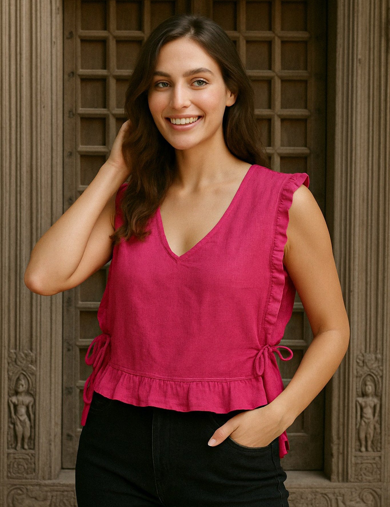 Ekaurr BIGDI Pink Whisk Top finest cotton summer top in fresh pink with a whisked airy silhouette and playful movement, artisan slow fashion top for women from the BIGDI summer pastel collection