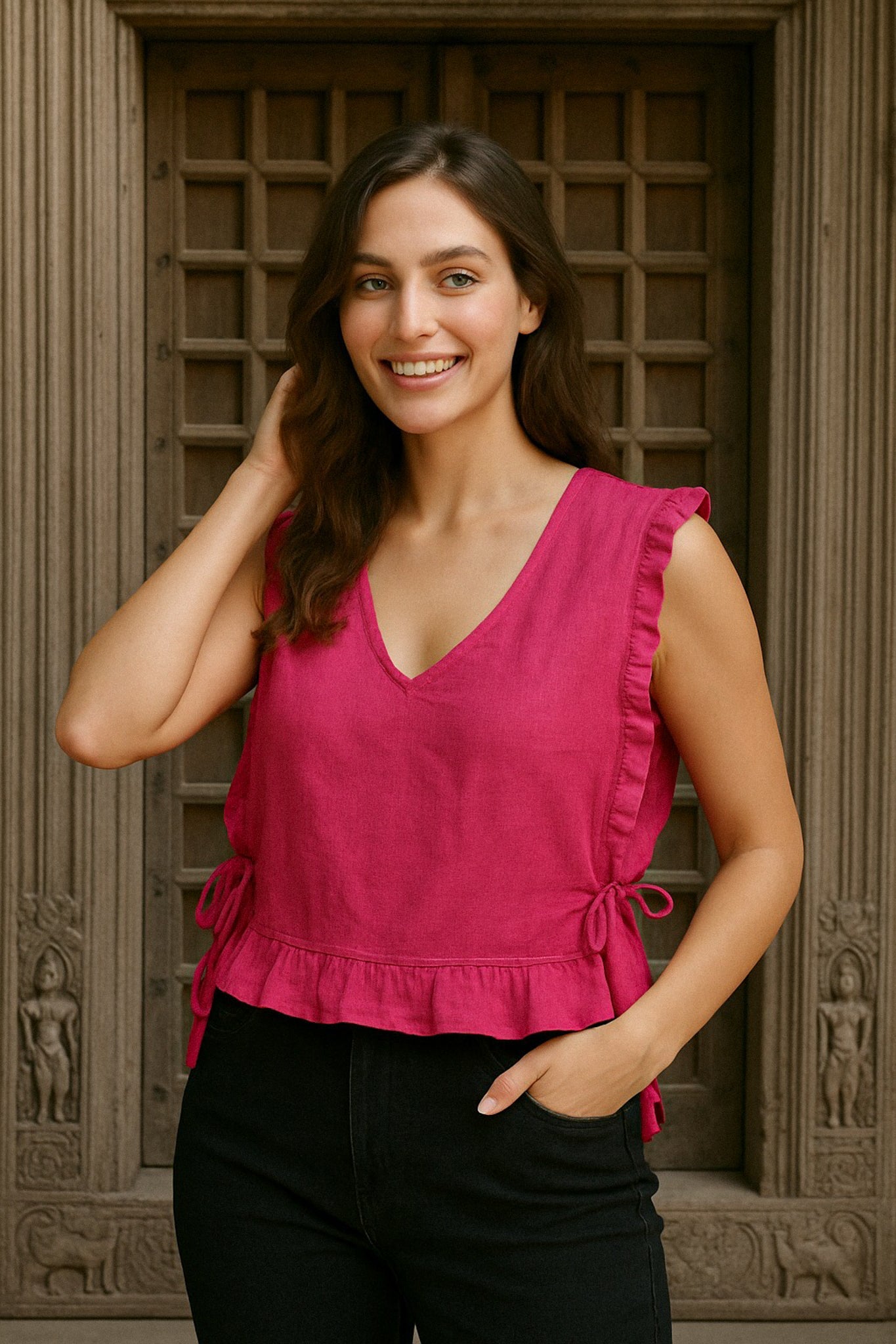 Ekaurr BIGDI Pink Whisk Top finest cotton summer top in fresh pink with a whisked airy silhouette and playful movement, artisan slow fashion top for women from the BIGDI summer pastel collection