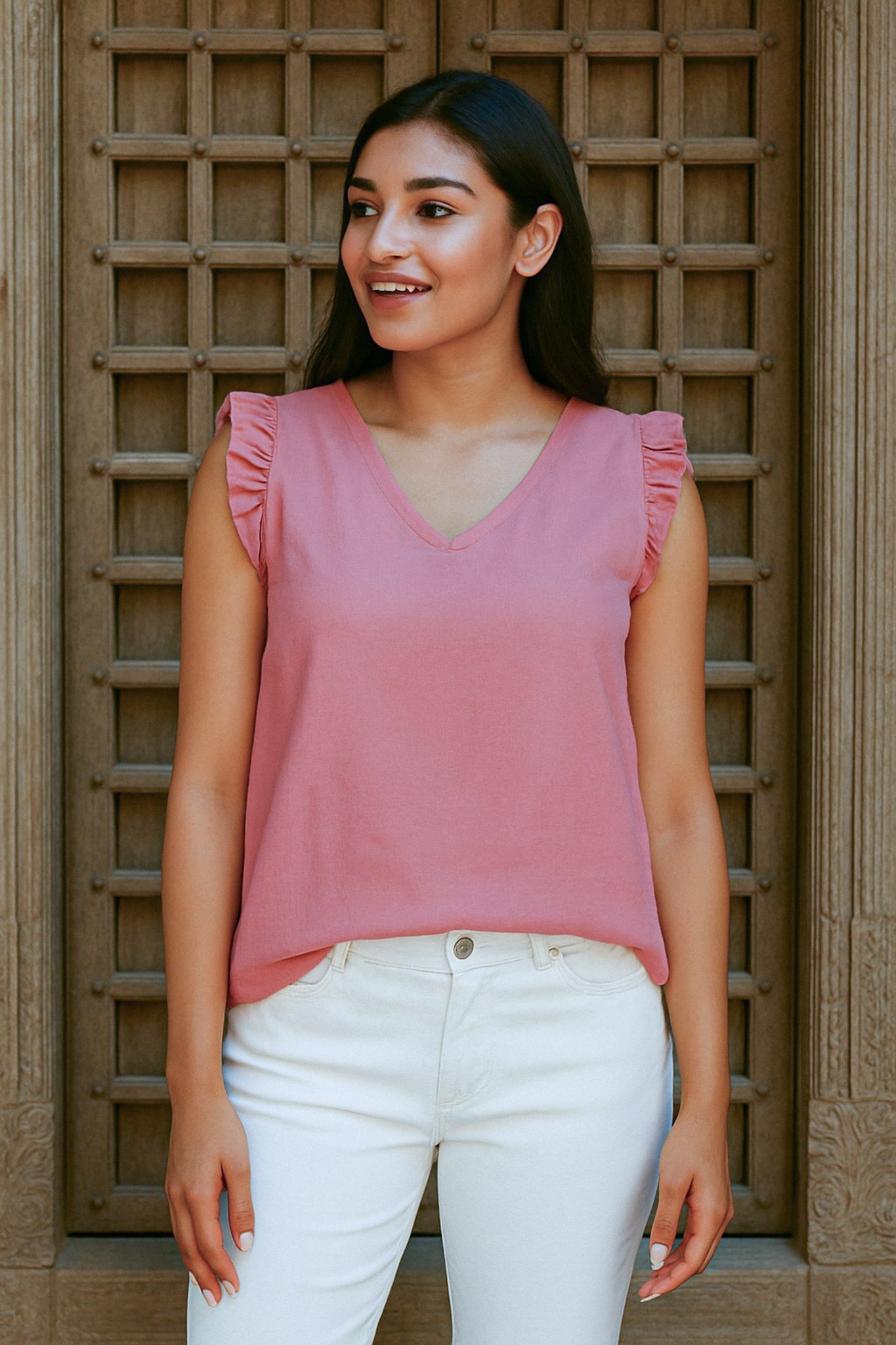 Ekaurr BIGDI Roseair Top finest cotton summer top in a breezy rose-toned airy silhouette with soft blush detailing, artisan slow fashion top for women from the BIGDI summer pastel collection