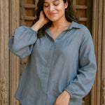 Ekaurr BIGDI Stormlight Cotton Shirt finest cotton summer shirt with a dynamic stormlight tonal print in cool grey and blue tones, artisan slow fashion top for women from the BIGDI summer collection