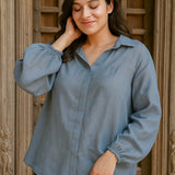 Ekaurr BIGDI Stormlight Cotton Shirt finest cotton summer shirt with a dynamic stormlight tonal print in cool grey and blue tones, artisan slow fashion top for women from the BIGDI summer collection