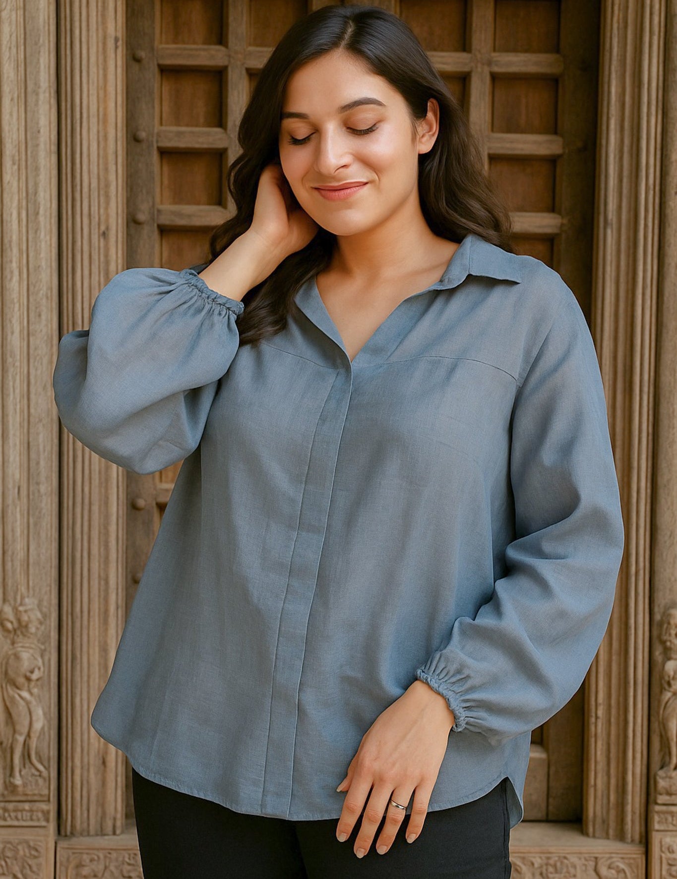 Ekaurr BIGDI Stormlight Cotton Shirt finest cotton summer shirt with a dynamic stormlight tonal print in cool grey and blue tones, artisan slow fashion top for women from the BIGDI summer collection