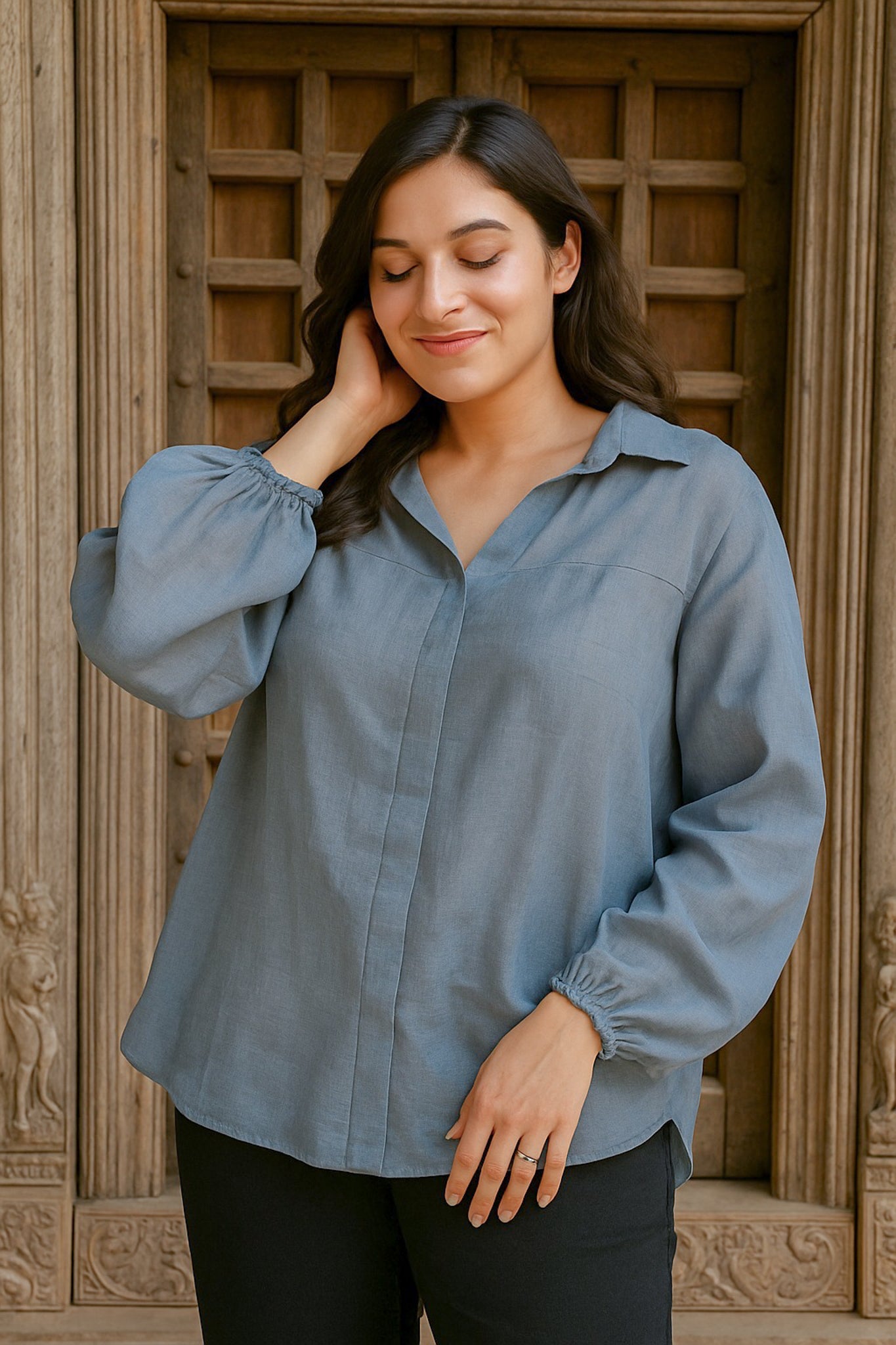 Ekaurr BIGDI Stormlight Cotton Shirt finest cotton summer shirt with a dynamic stormlight tonal print in cool grey and blue tones, artisan slow fashion top for women from the BIGDI summer collection
