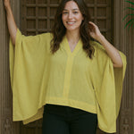 Ekaurr BIGDI Sunny Wing Top finest cotton summer top with a sun-bright wing-form detail in warm cheerful yellow tones, artisan slow fashion top for women from the BIGDI summer collection