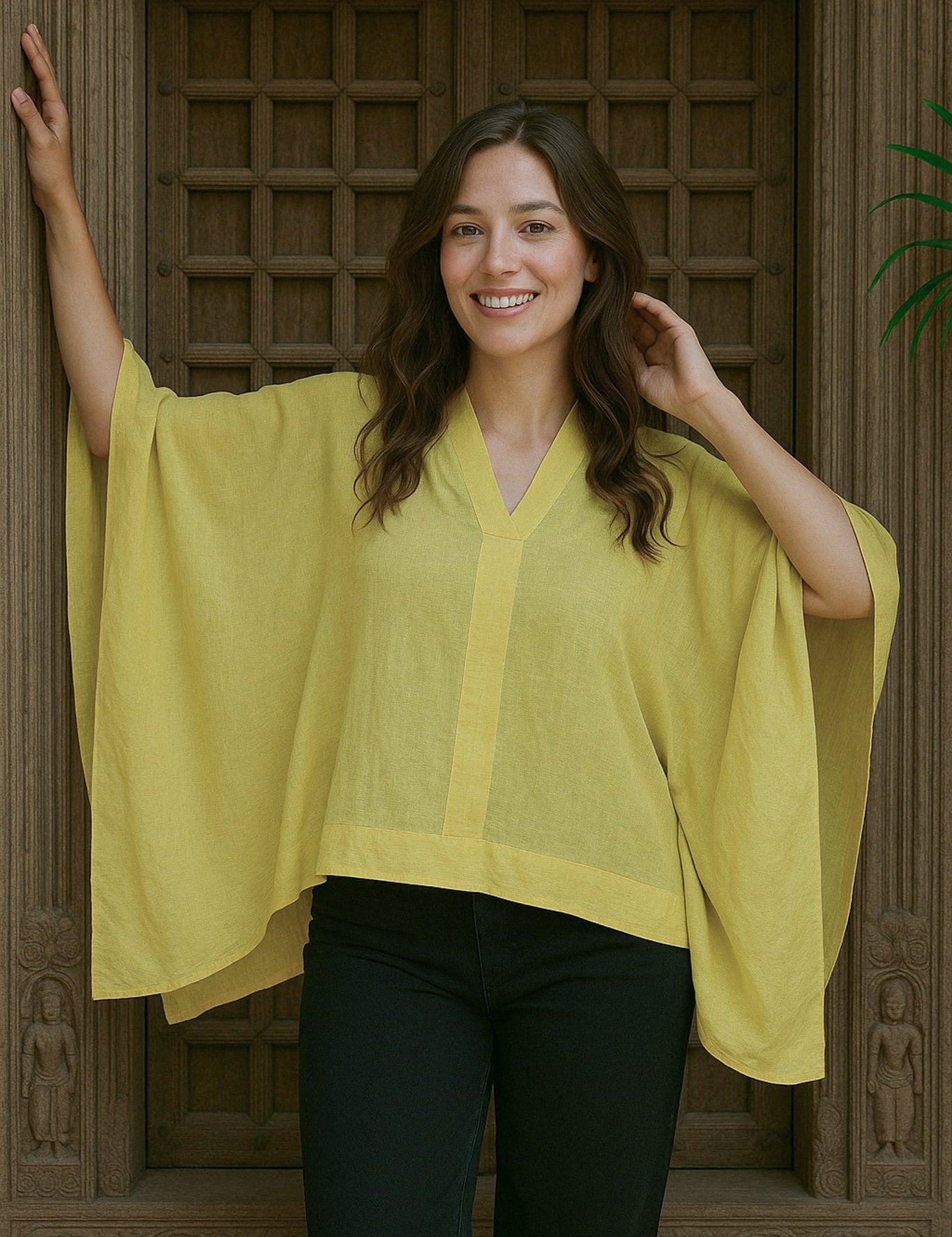 Ekaurr BIGDI Sunny Wing Top finest cotton summer top with a sun-bright wing-form detail in warm cheerful yellow tones, artisan slow fashion top for women from the BIGDI summer collection