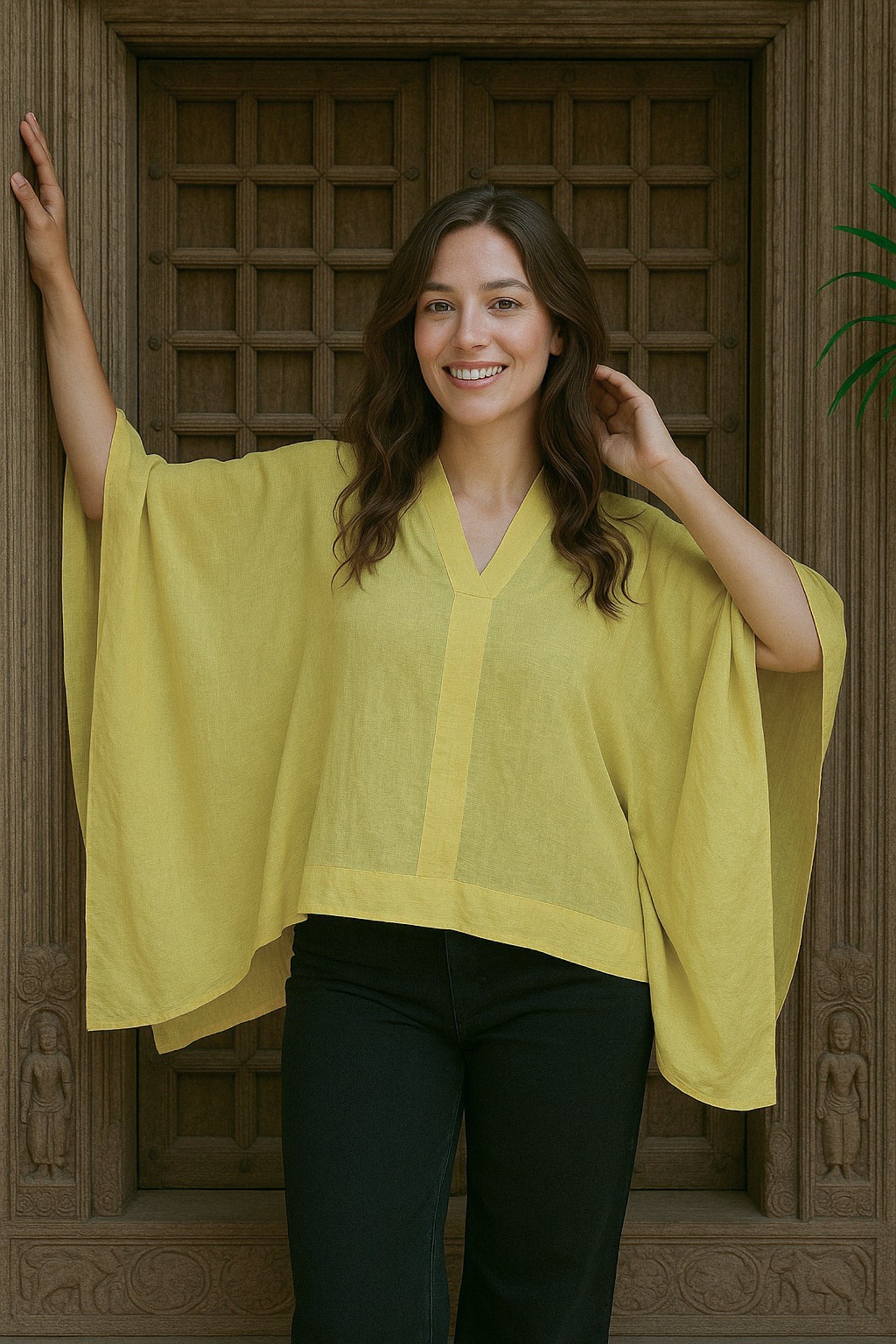 Ekaurr BIGDI Sunny Wing Top finest cotton summer top with a sun-bright wing-form detail in warm cheerful yellow tones, artisan slow fashion top for women from the BIGDI summer collection