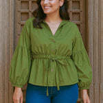 Ekaurr BIGDI Wild Fern Top finest cotton summer top with a hand-printed wild fern botanical motif in fresh green tones, artisan slow fashion top for women from the BIGDI summer collection