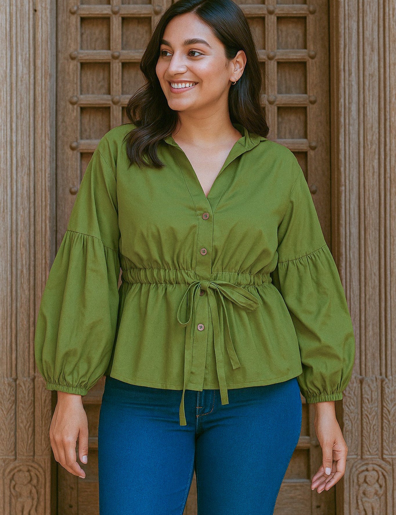 Ekaurr BIGDI Wild Fern Top finest cotton summer top with a hand-printed wild fern botanical motif in fresh green tones, artisan slow fashion top for women from the BIGDI summer collection