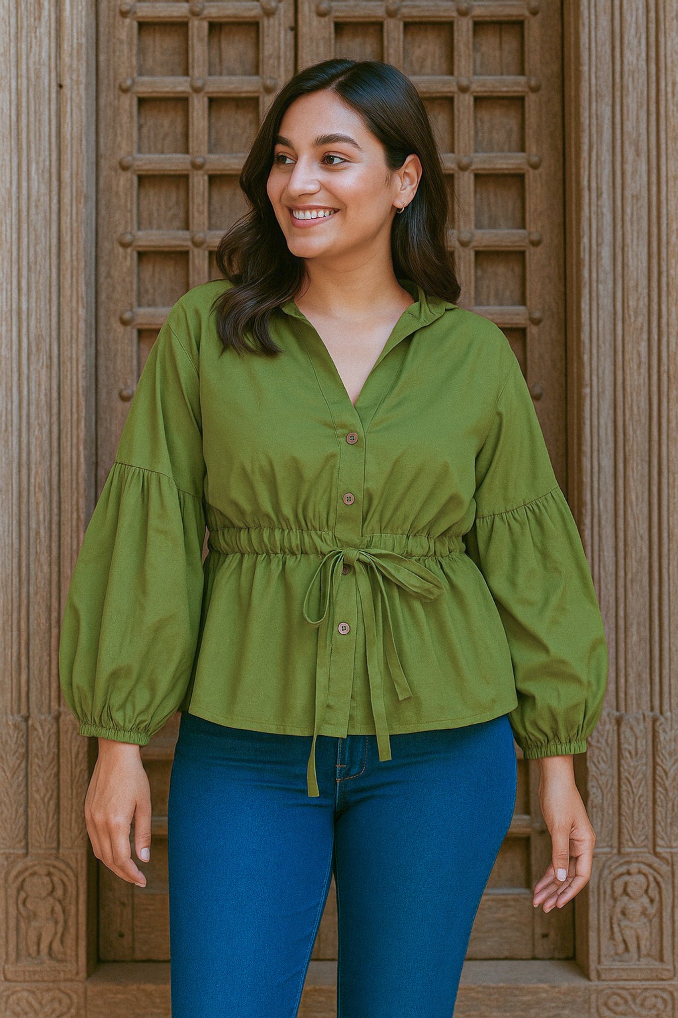 Ekaurr BIGDI Wild Fern Top finest cotton summer top with a hand-printed wild fern botanical motif in fresh green tones, artisan slow fashion top for women from the BIGDI summer collection
