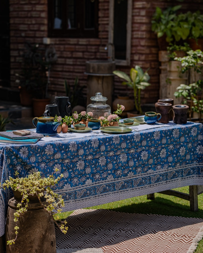 Ekaurr Block Print Table Cover handcrafted cotton table cover with hand-stamped block print motifs in traditional Indian geometric or floral patterns, artisan textile table linen for dining tables and festive home styling