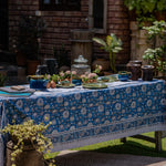 Ekaurr Block Print Table Cover handcrafted cotton table cover with hand-stamped block print motifs in traditional Indian geometric or floral patterns, artisan textile table linen for dining tables and festive home styling