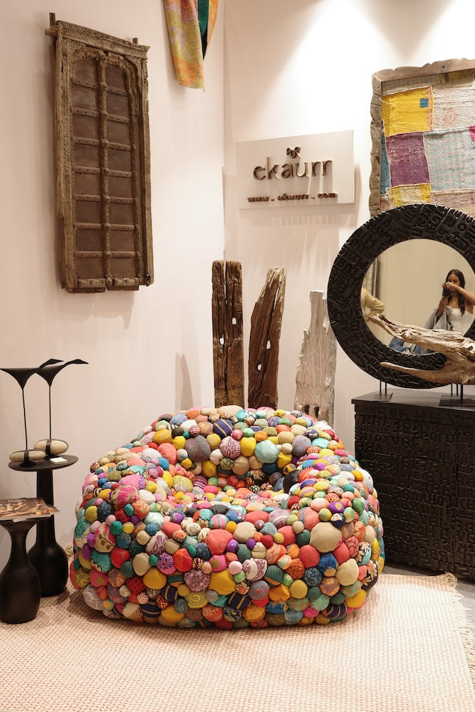 Ekaurr Bloom Burst Upcycled Fabric Ball Couch made from colourful handcrafted textile balls, sustainable artisan sofa for modern living rooms