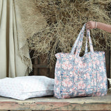 Ekaurr Bloom Carry Tote Bag handcrafted block-printed or quilted cotton tote with a blooming botanical print in fresh earthy tones, artisan Indian textile bag for everyday use and nature-inspired conscious styling