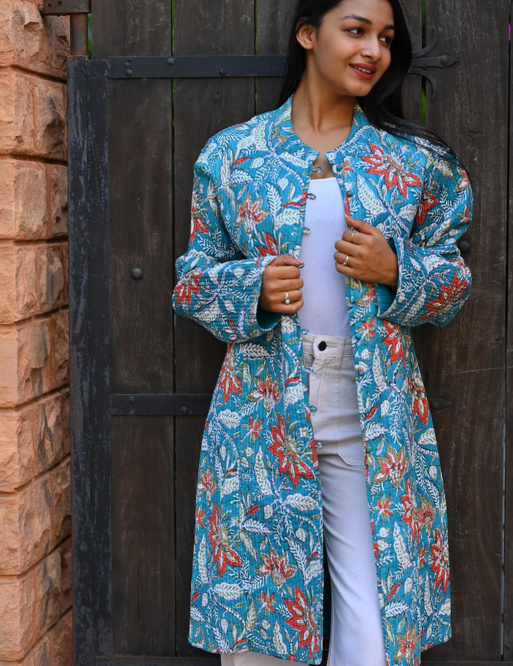 Ekaurr BIGDI Bloom in Blue Coat cotton quilted reversible coat in fresh botanical blue with blooming floral print detailing, artisan slow fashion outerwear for women from the BIGDI Blazers Coats and Robes collection