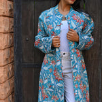 Ekaurr BIGDI Bloom in Blue Coat cotton quilted reversible coat in fresh botanical blue with blooming floral print detailing, artisan slow fashion outerwear for women from the BIGDI Blazers Coats and Robes collection