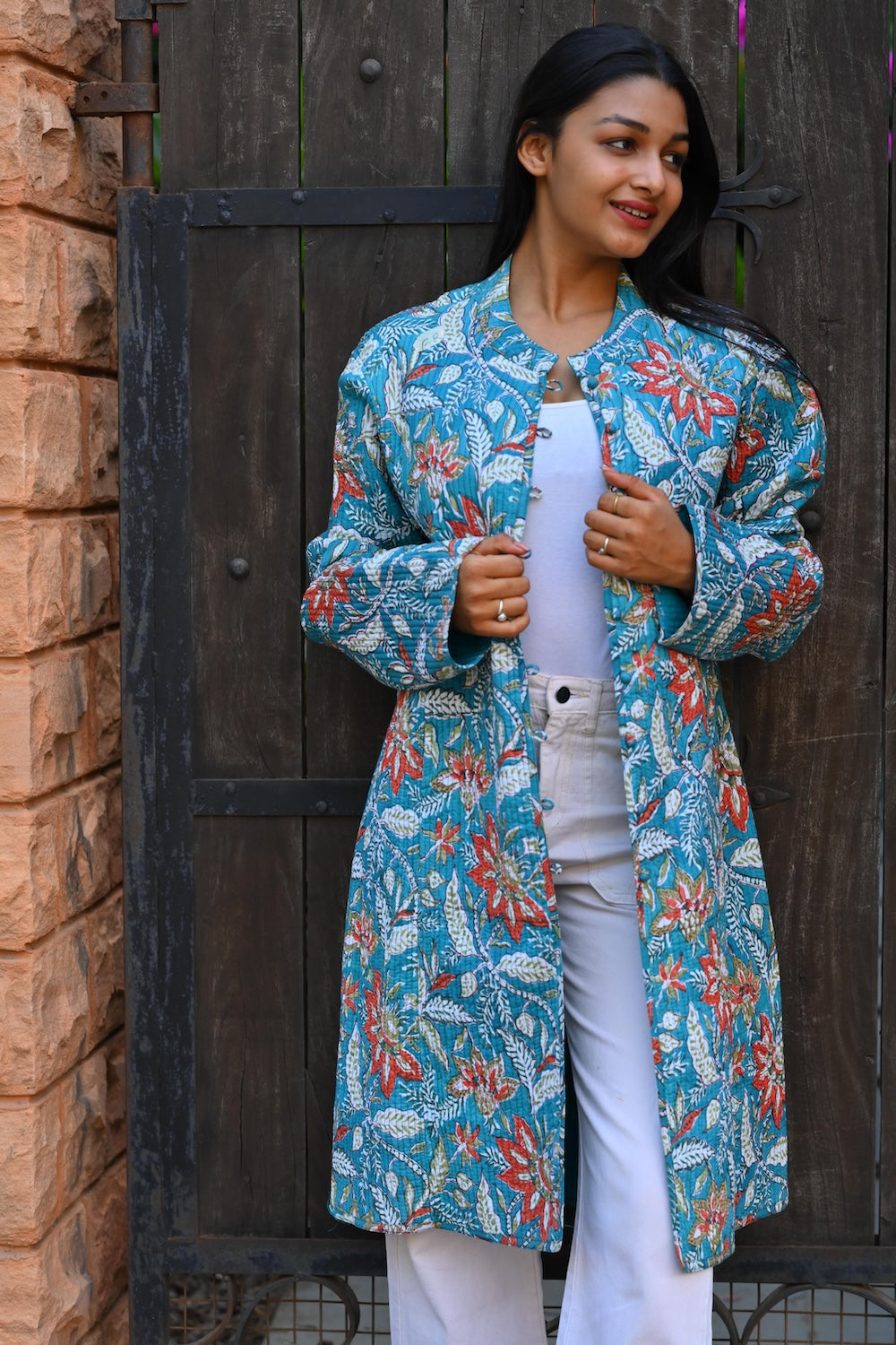 Ekaurr BIGDI Bloom in Blue Coat cotton quilted reversible coat in fresh botanical blue with blooming floral print detailing, artisan slow fashion outerwear for women from the BIGDI Blazers Coats and Robes collection