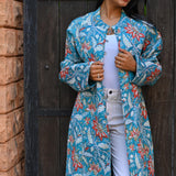 Ekaurr BIGDI Bloom in Blue Coat cotton quilted reversible coat in fresh botanical blue with blooming floral print detailing, artisan slow fashion outerwear for women from the BIGDI Blazers Coats and Robes collection