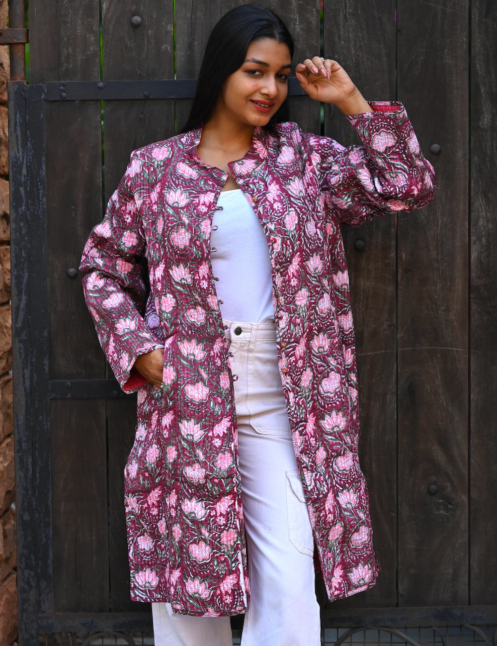 Ekaurr BIGDI Blooming Violet Coat cotton quilted reversible coat in blooming violet with a rich jewel-tone character, artisan slow fashion outerwear for women from the BIGDI Blazers Coats and Robes collection