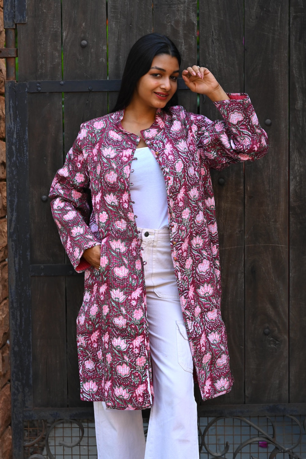 Ekaurr BIGDI Blooming Violet Coat cotton quilted reversible coat in blooming violet with a rich jewel-tone character, artisan slow fashion outerwear for women from the BIGDI Blazers Coats and Robes collection