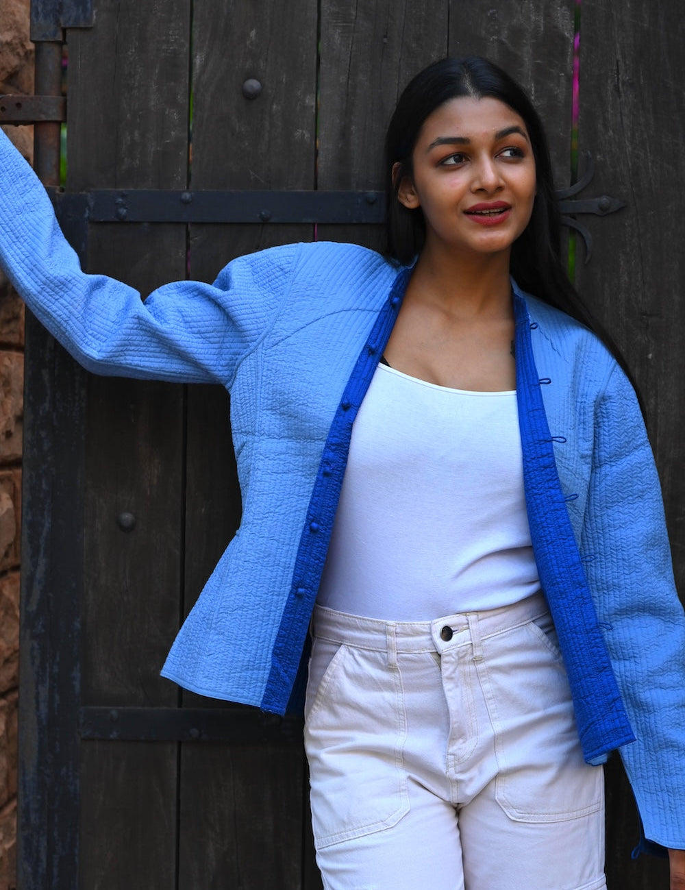 Ekaurr BIGDI Blue Bolt Jacket handcrafted cotton jacket in electric bold blue with a dynamic structured form, artisan slow fashion outerwear for women from the BIGDI collection