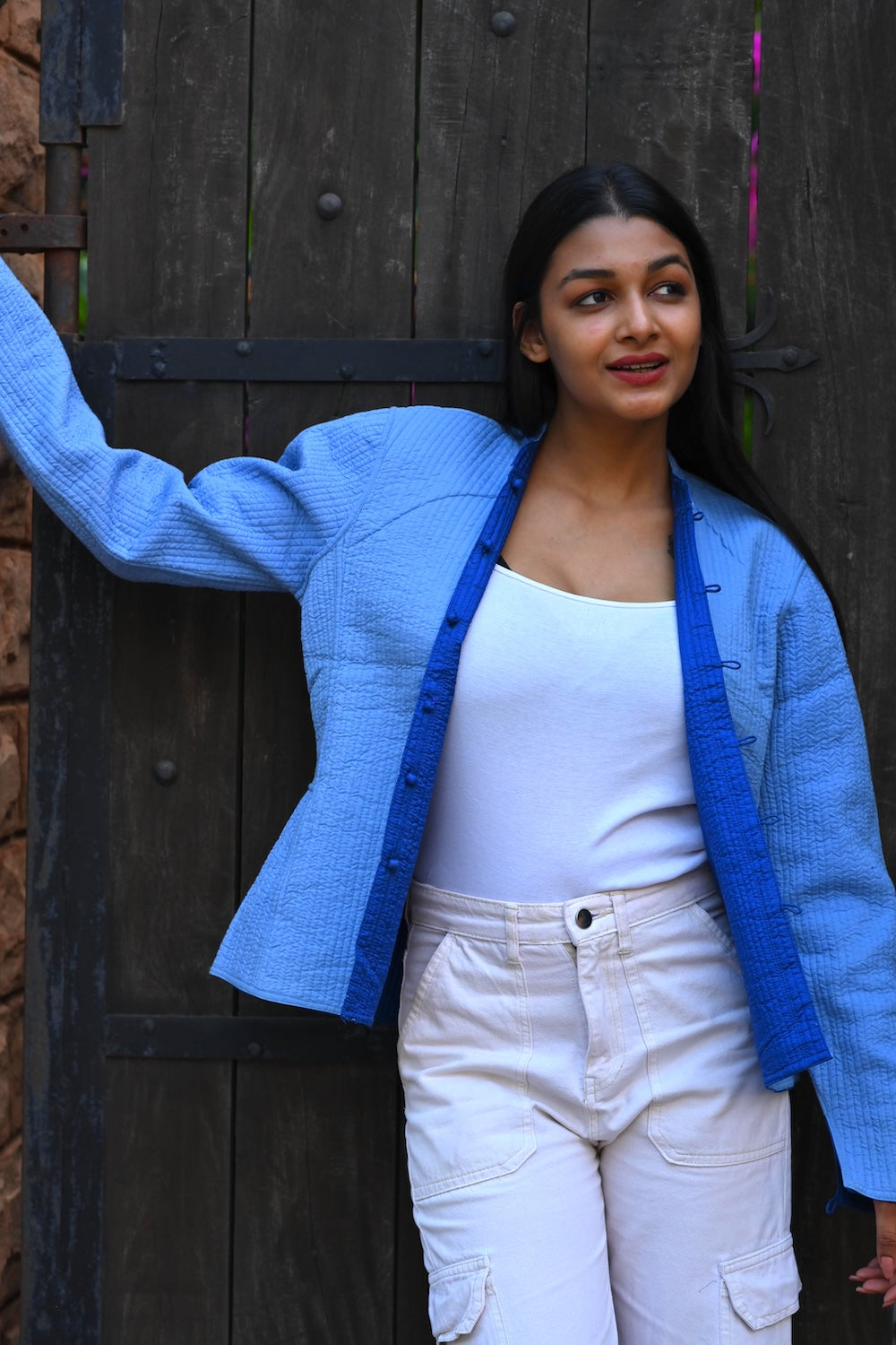 Ekaurr BIGDI Blue Bolt Jacket handcrafted cotton jacket in electric bold blue with a dynamic structured form, artisan slow fashion outerwear for women from the BIGDI collection