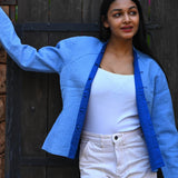 Ekaurr BIGDI Blue Bolt Jacket handcrafted cotton jacket in electric bold blue with a dynamic structured form, artisan slow fashion outerwear for women from the BIGDI collection