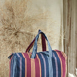 Ekaurr Blue Red Fabric Picnic Bag handcrafted quilted cotton picnic tote in bold blue and red with a spacious structured form, artisan Indian textile bag for picnics outings and vibrant everyday use