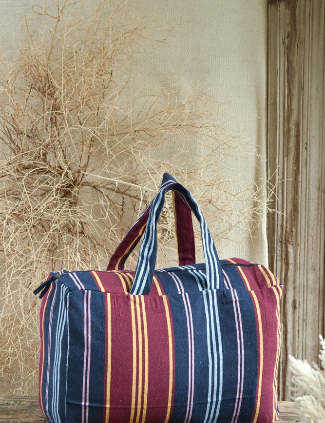 Ekaurr Blue Red Fabric Picnic Bag handcrafted quilted cotton picnic tote in bold blue and red with a spacious structured form, artisan Indian textile bag for picnics outings and vibrant everyday use
