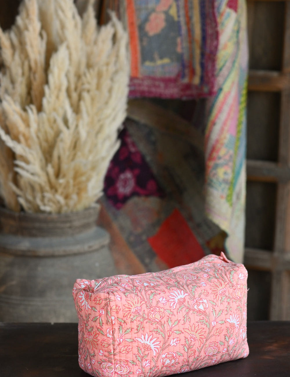 Ekaurr Blush Flora Pouch handcrafted fabric pouch in soft blush pink with floral folk embroidery or print detailing, artisan Indian textile accessory for gifting jewellery storage and everyday use