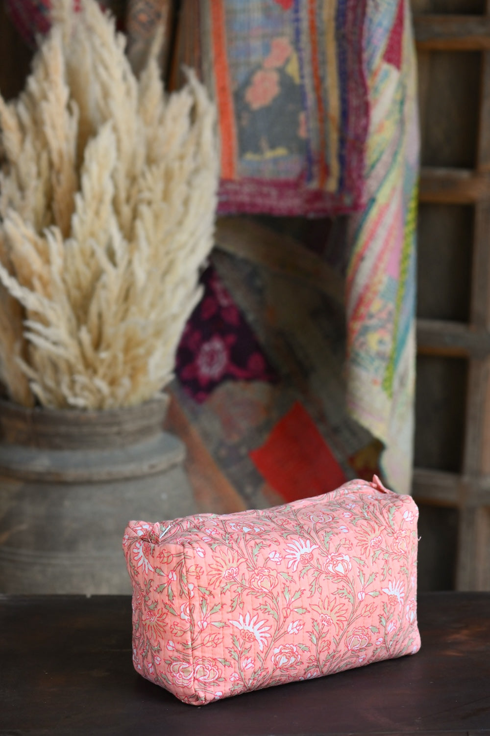Ekaurr Blush Flora Pouch handcrafted fabric pouch in soft blush pink with floral folk embroidery or print detailing, artisan Indian textile accessory for gifting jewellery storage and everyday use