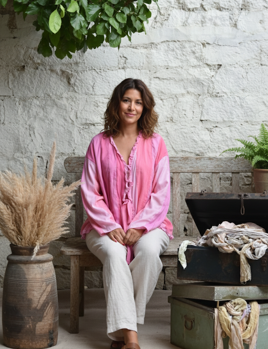 Ekaurr BIGDI Blush Reverie Shirt finest cotton summer shirt in soft dreamy blush pink with a relaxed reverie silhouette, artisan slow fashion top for women from the BIGDI summer pastel collection