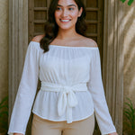 Ekaurr BIGDI Bow Belle Cotton Top finest cotton summer top with a belle-style bow neckline detail in a soft pretty pastel tone, artisan slow fashion top for women from the BIGDI summer pastel collection