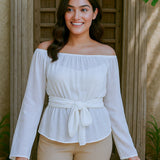 Ekaurr BIGDI Bow Belle Cotton Top finest cotton summer top with a belle-style bow neckline detail in a soft pretty pastel tone, artisan slow fashion top for women from the BIGDI summer pastel collection