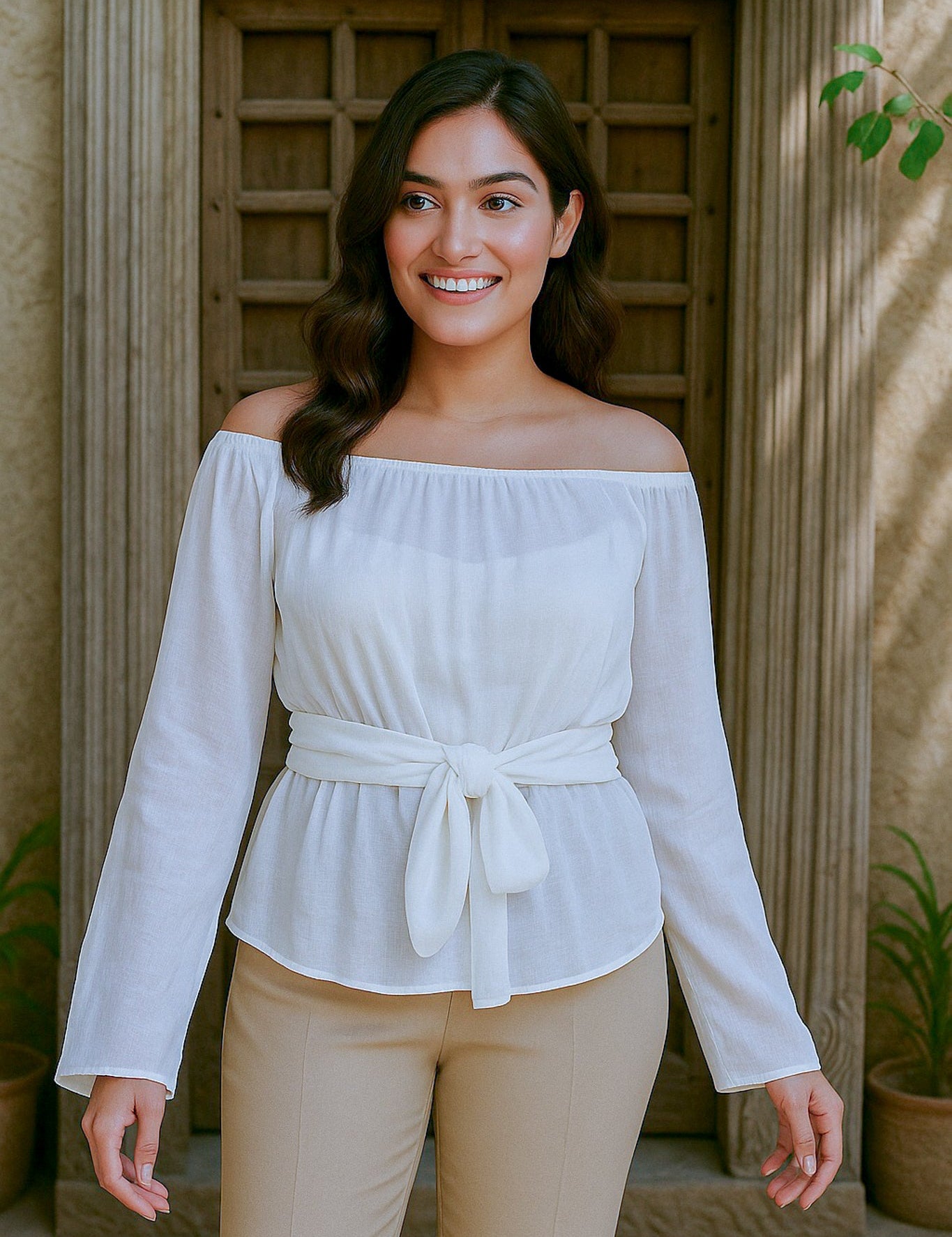 Ekaurr BIGDI Bow Belle Cotton Top finest cotton summer top with a belle-style bow neckline detail in a soft pretty pastel tone, artisan slow fashion top for women from the BIGDI summer pastel collection