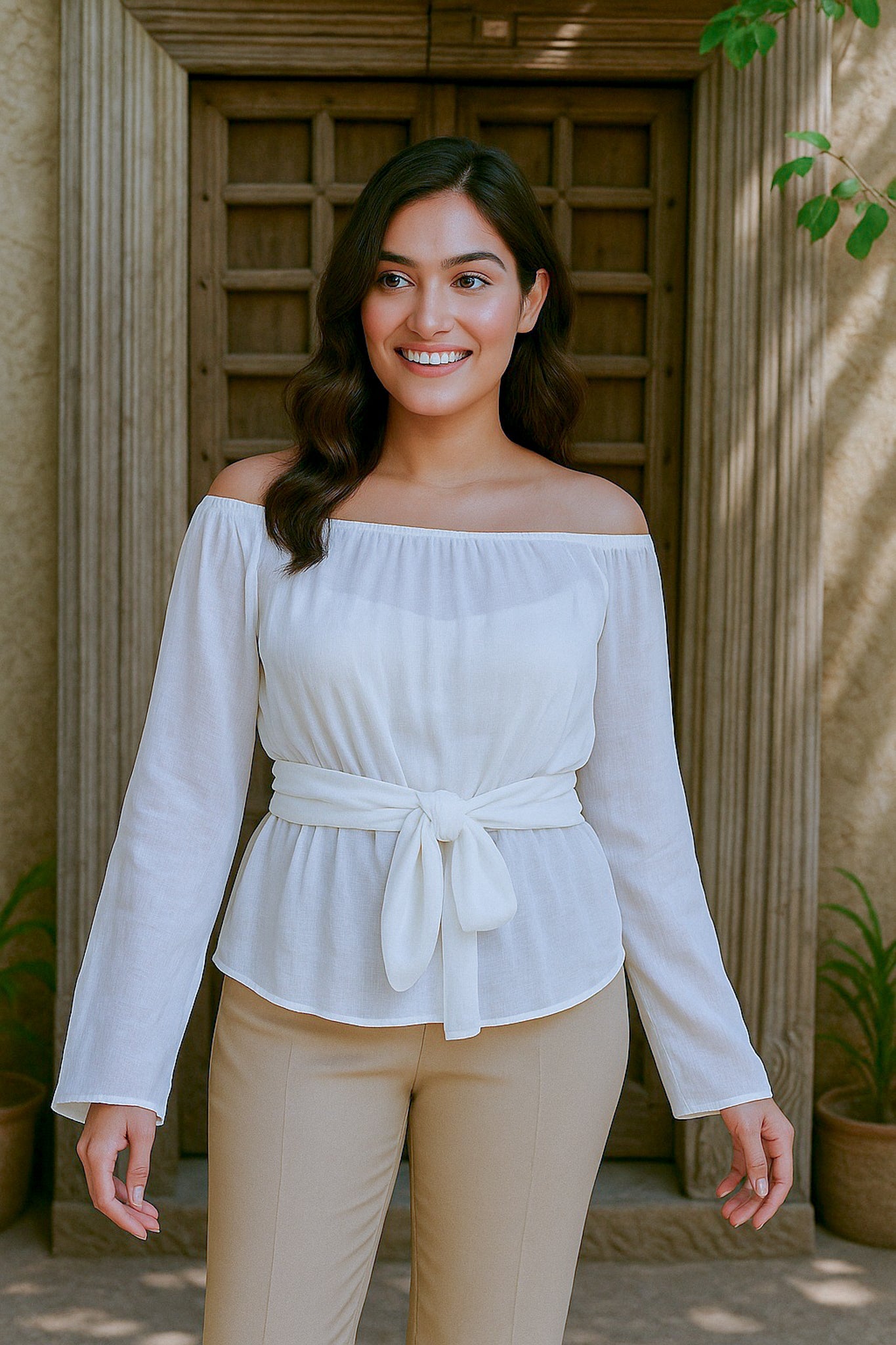 Ekaurr BIGDI Bow Belle Cotton Top finest cotton summer top with a belle-style bow neckline detail in a soft pretty pastel tone, artisan slow fashion top for women from the BIGDI summer pastel collection