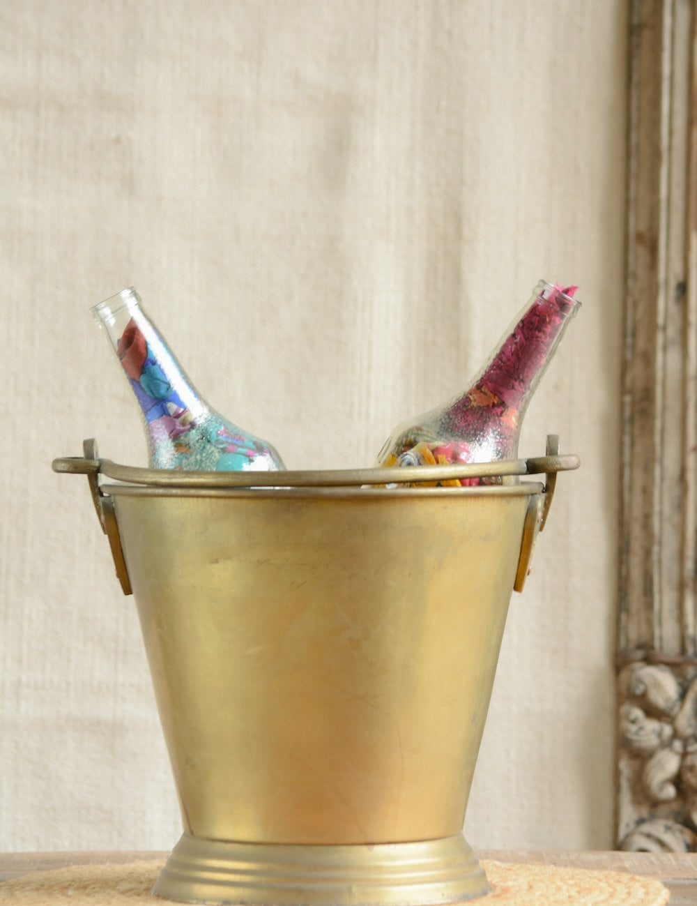 Ekaurr Brass Bucket Medium – vintage collectible brass bucket with authentic dents and patina, repurposed as a planter, magazine holder, or accent decor