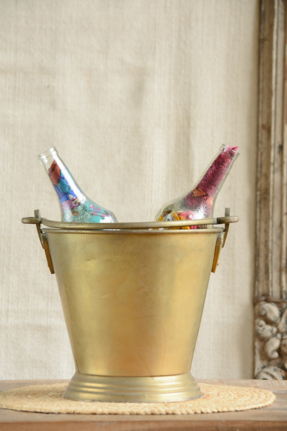 Ekaurr Brass Bucket Medium – vintage collectible brass bucket with authentic dents and patina, repurposed as a planter, magazine holder, or accent decor