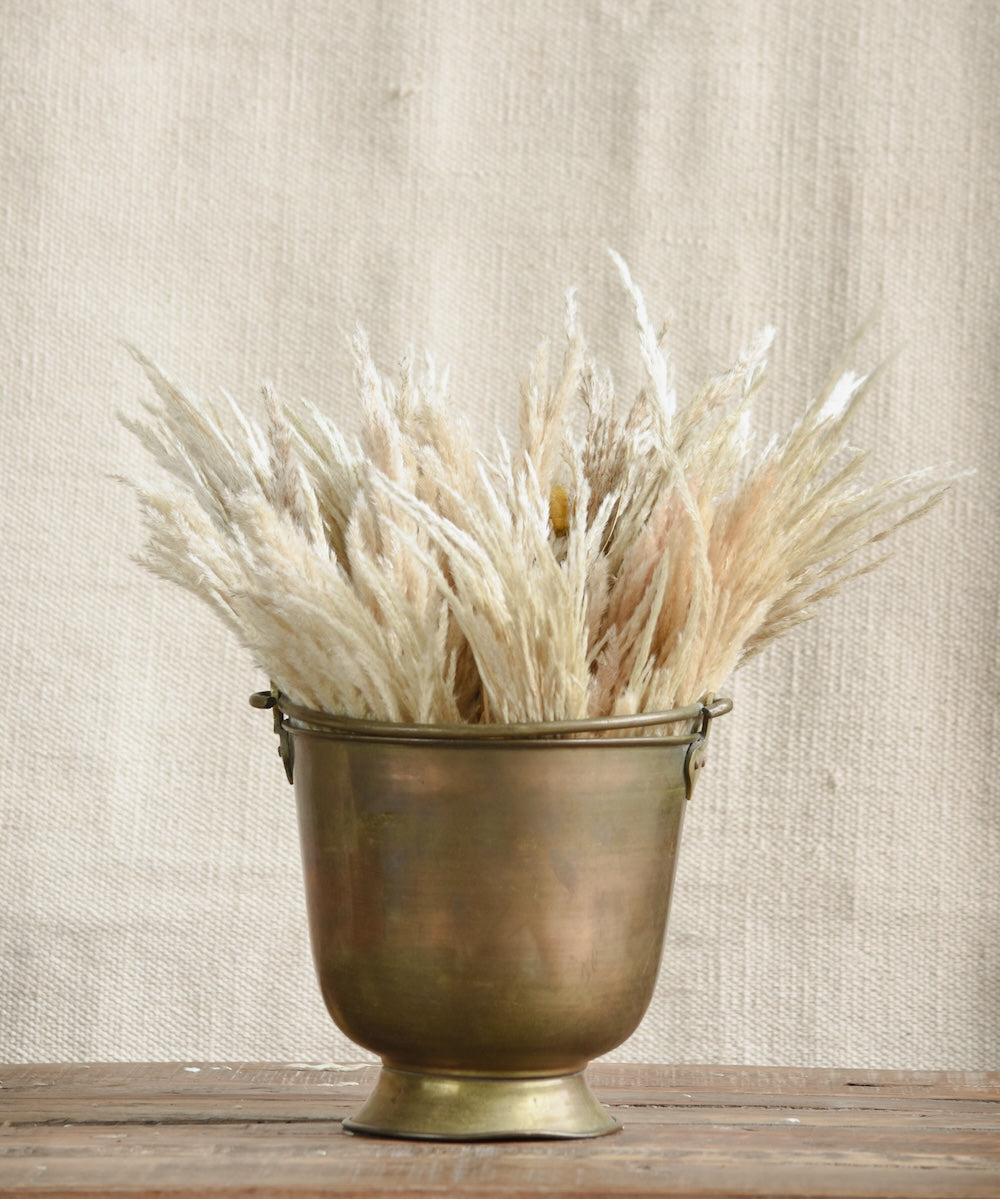 Ekaurr Brass Bucket Small – compact vintage collectible brass bucket with aged patina and natural dents, ideal as a planter, organiser, or rustic home accent