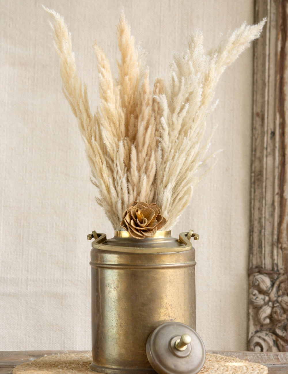 Ekaurr Brass Milk Pot with Lid Large – large vintage brass milk pot with lid and antique dents, repurposed as a statement planter or heritage home decor accent