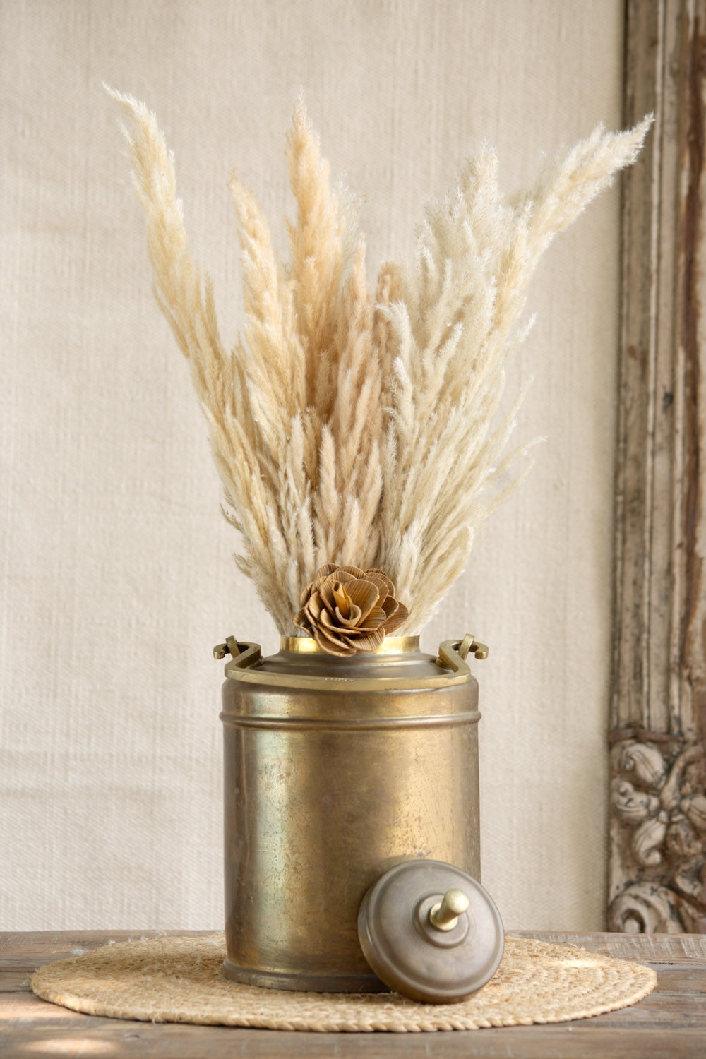 Ekaurr Brass Milk Pot with Lid Large – large vintage brass milk pot with lid and antique dents, repurposed as a statement planter or heritage home decor accent