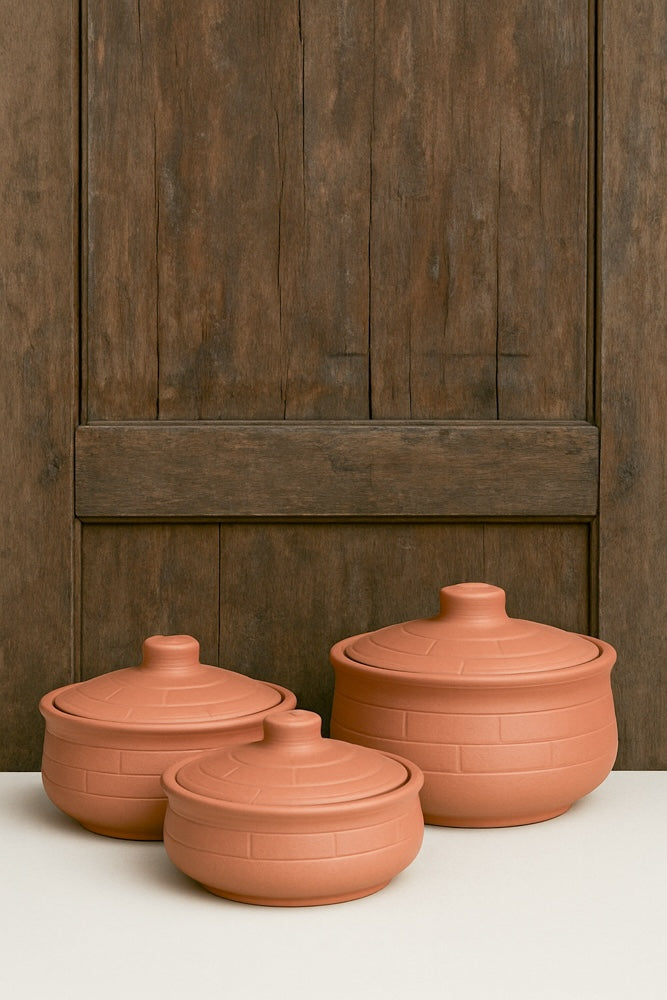 Ekaurr Brickline Terracotta Handi Serving Dish set of 3 handmade natural clay handi-form serving dishes with impressed brickline surface detailing crafted by rural Indian artisans, earthy artisan kitchen essentials for curries and traditional dining