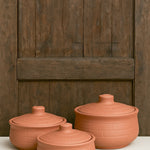 Ekaurr Brickline Terracotta Handi Serving Dish set of 3 handmade natural clay handi-form serving dishes with impressed brickline surface detailing crafted by rural Indian artisans, earthy artisan kitchen essentials for curries and traditional dining