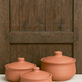 Ekaurr Brickline Terracotta Handi Serving Dish set of 3 handmade natural clay handi-form serving dishes with impressed brickline surface detailing crafted by rural Indian artisans, earthy artisan kitchen essentials for curries and traditional dining
